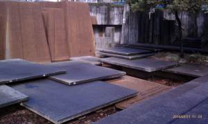 An architecture of stone tables and water.