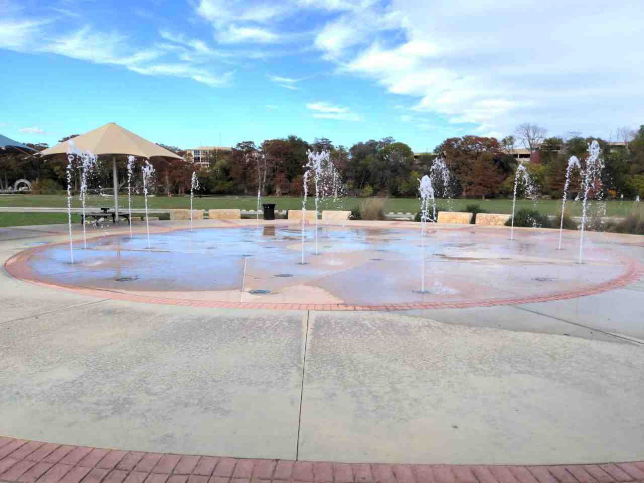 Fountains of a giant splash pad.