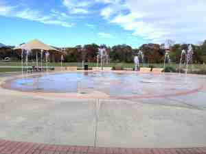 Fountains of a giant splash pad.