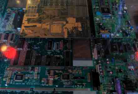 Old computer circuit boards encased in acrylic for a bar counter.