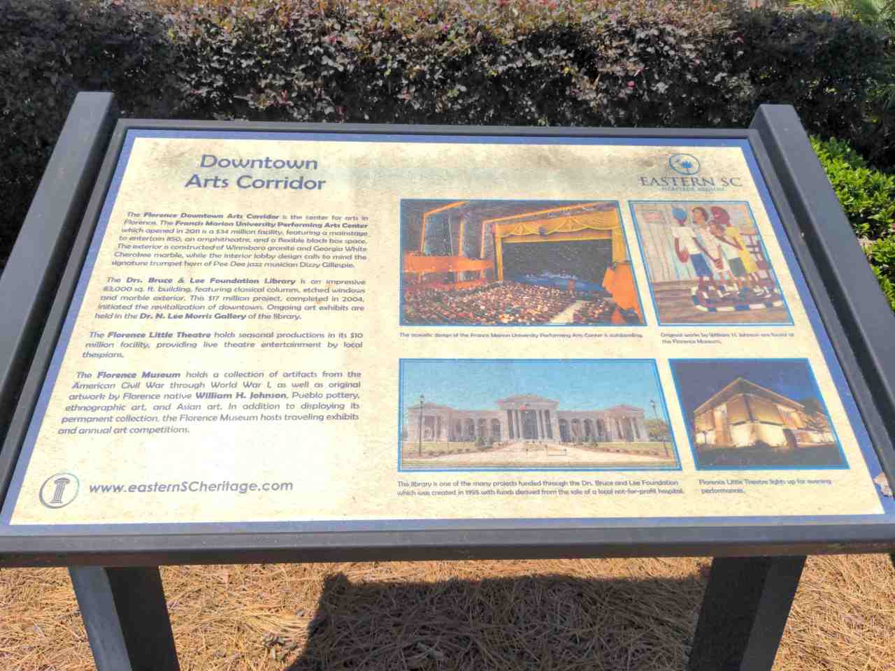 Interpretive sign talks about the downtown arts corridor.