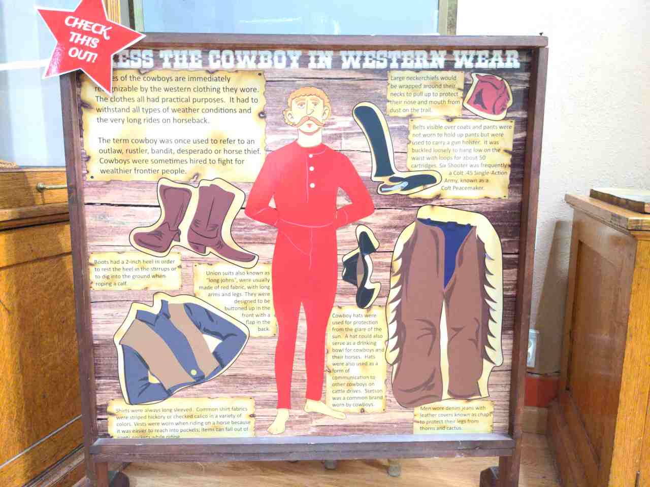 Museum display shows the clothing and dress of an authentic cowboy.