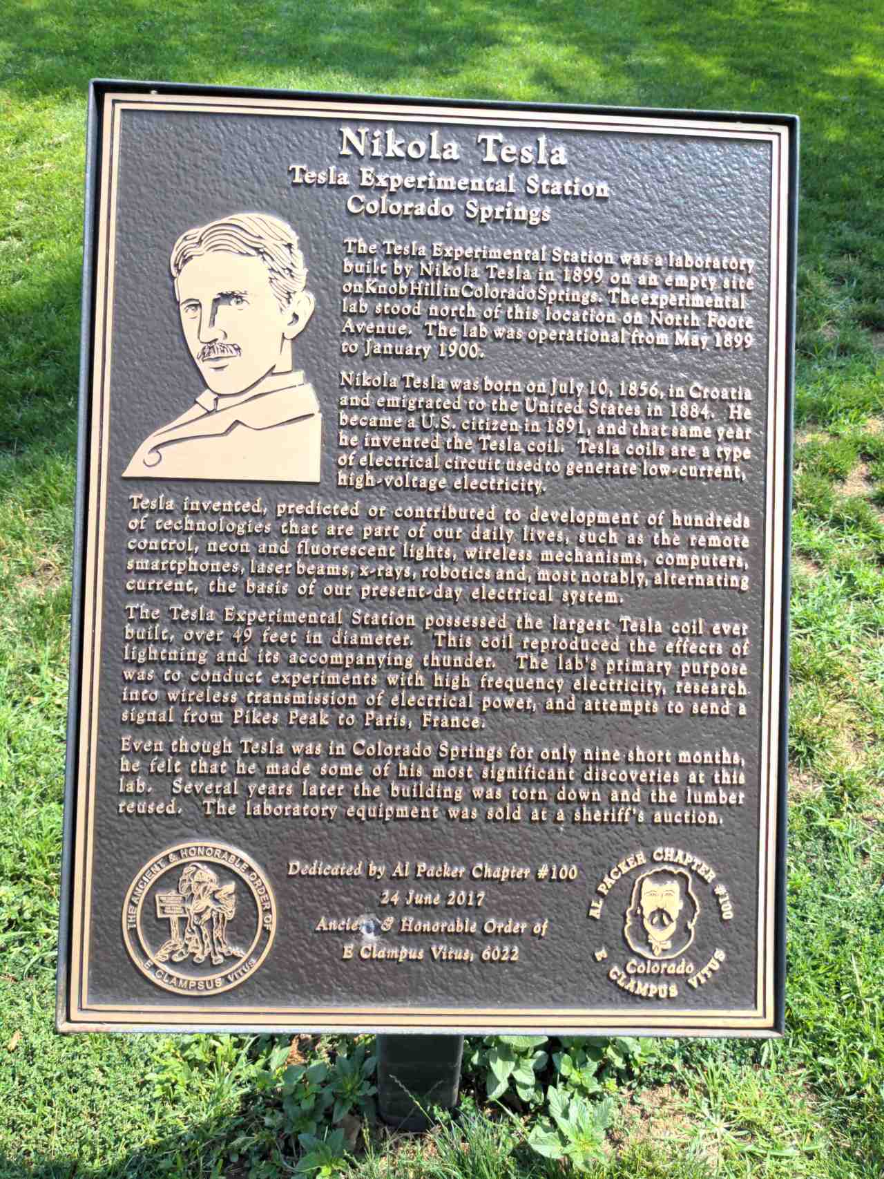 Historic marker for Nikola Tesla and his lab in Colorado Springs.