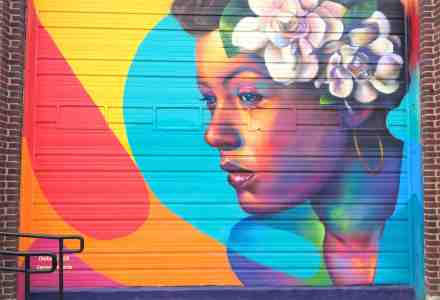 A woman's head and shoulders, flowers in hair, against a backdrop of vibrant colors.
