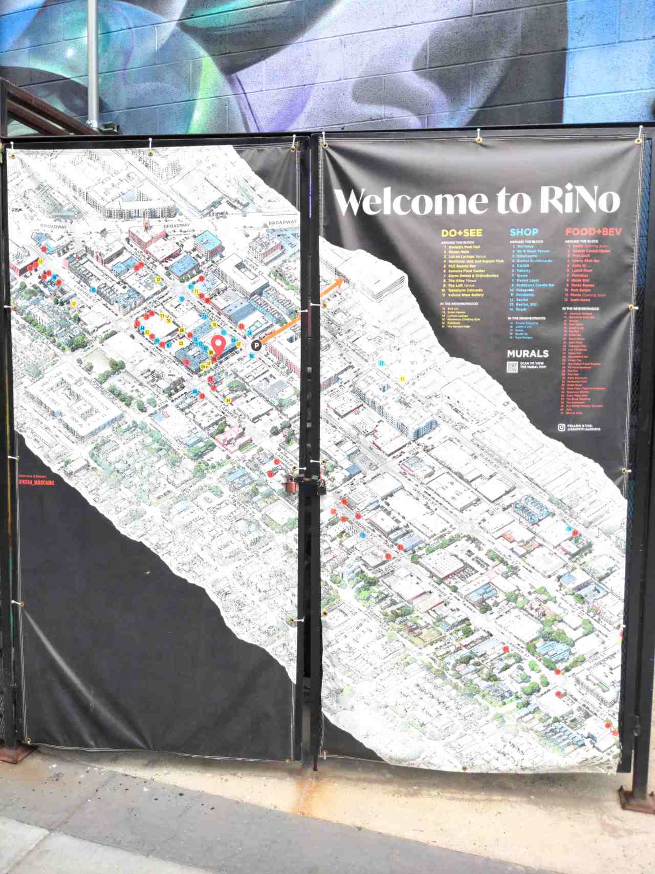 A large canvas map shows the location of art and other sites in the River North (RiNo) art district.