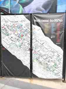 A large canvas map shows the location of art and other sites in the River North (RiNo) art district.